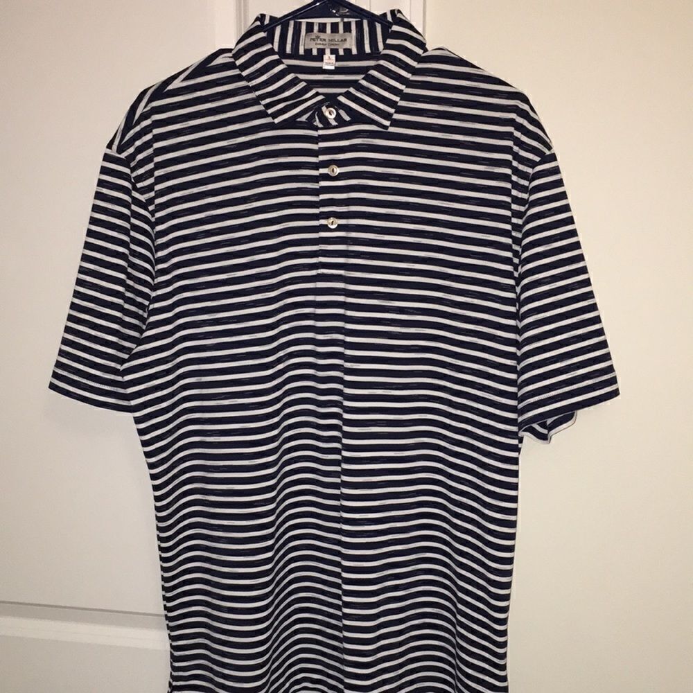 Peter Millar Navy Blue white Stripe Summer comfort Golf polo shirt L amazing !